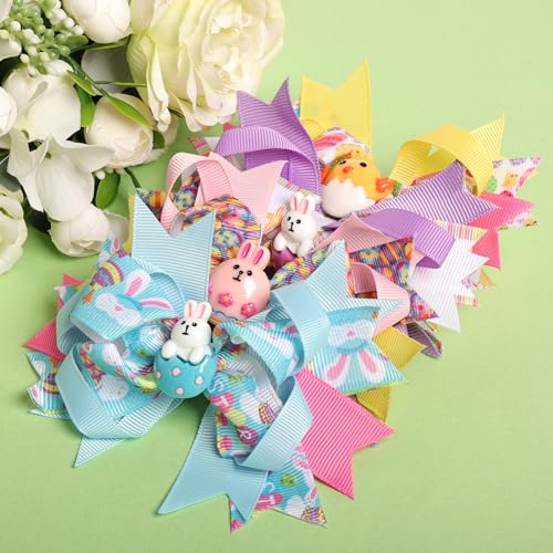 phnydreg 4Pcs Easter Hair Bows Clips 4.72 Inch Rabbits Eggs Pattern Hair Clips Easter Hair Accessories for Girls Toddlers Kids Easter Party Supplies - Image 4