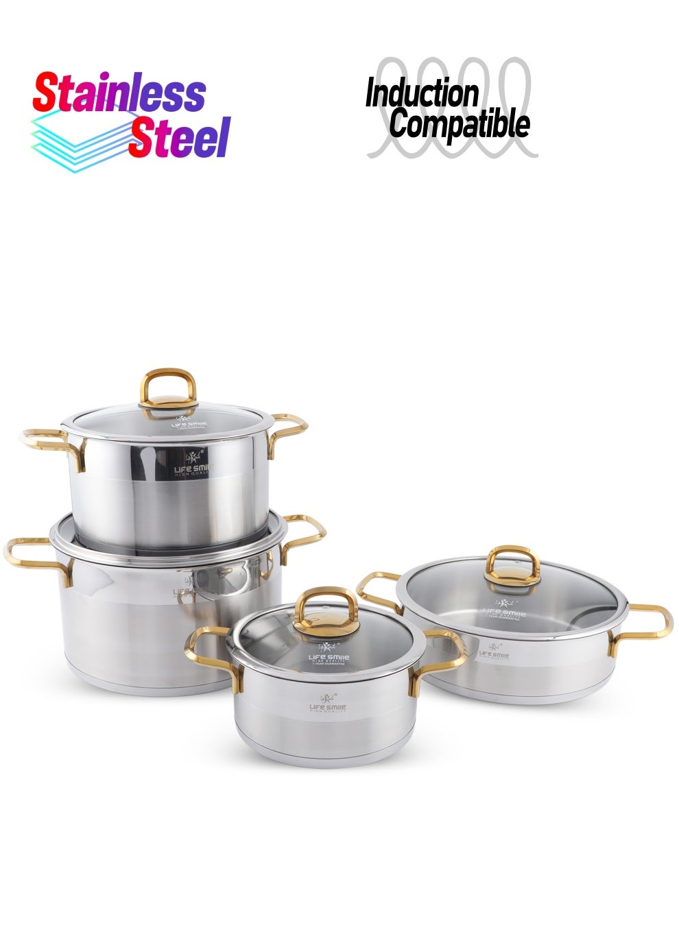 Life Smile Premium 18/10 Stainless Steel Cookware Set - Pots and Pans Set Induction 3-Ply Thick Base Kitchen Cooking Set for Even Heating Includes Casserroles 16/20/24cm and Frying Pan 28cm - Oven Safe 