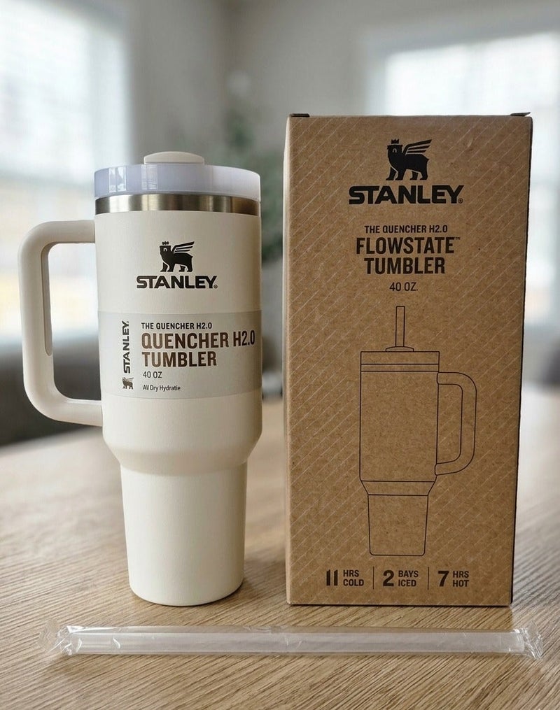 Stanley cup 40 oz Thermal Mug with Straw and Handle, 1180 ml Coffee Mug To Go, Double-Walled Stainless Steel Vacuum Insulated Mug with Lid, Portable Car Mug for Hot and Cold Drinks (Off-White) - Image 1