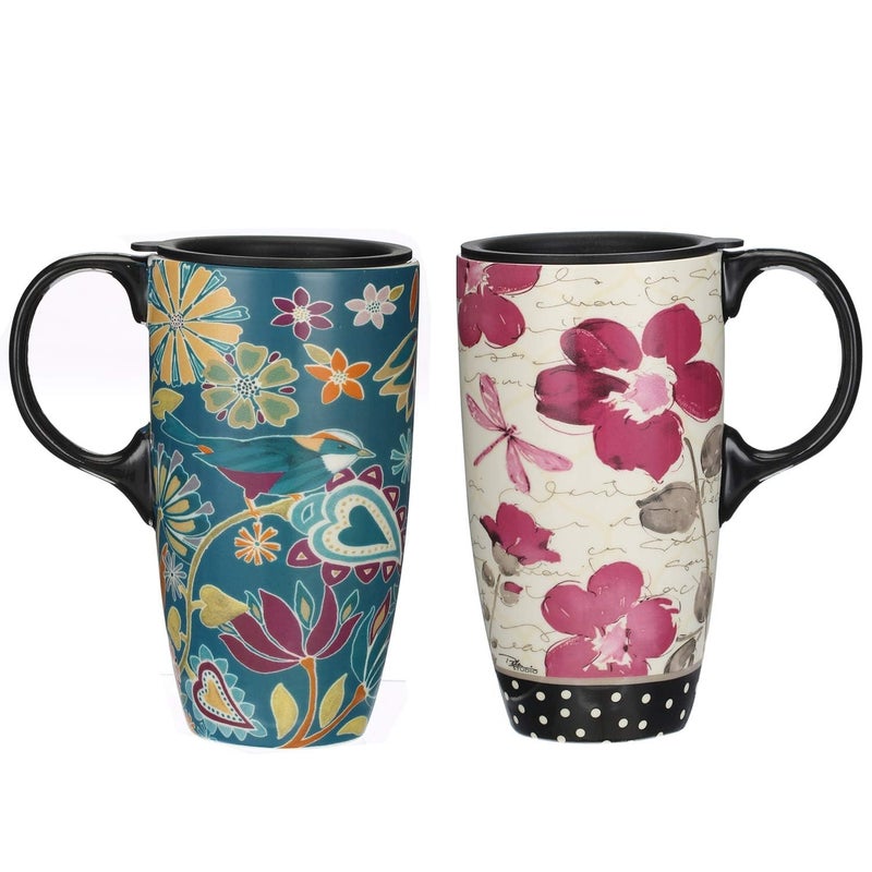 Topadorn 17 oz Tall Ceramic Latte Mug Coffee Cup with Handle Sealed Lid Coffee Mug Set of 2
