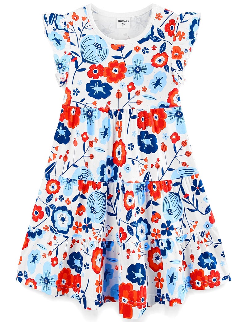 Bumeex 4th of July Girls Dresses Little Girl's Summer Dress Cotton Pocket Ruffle Short Sleeve Tiered Swing Twirly Casual Sundress Dresses for Girl Clothes Outfits Color Block Red and blue flower 6-7 Years - Image 1
