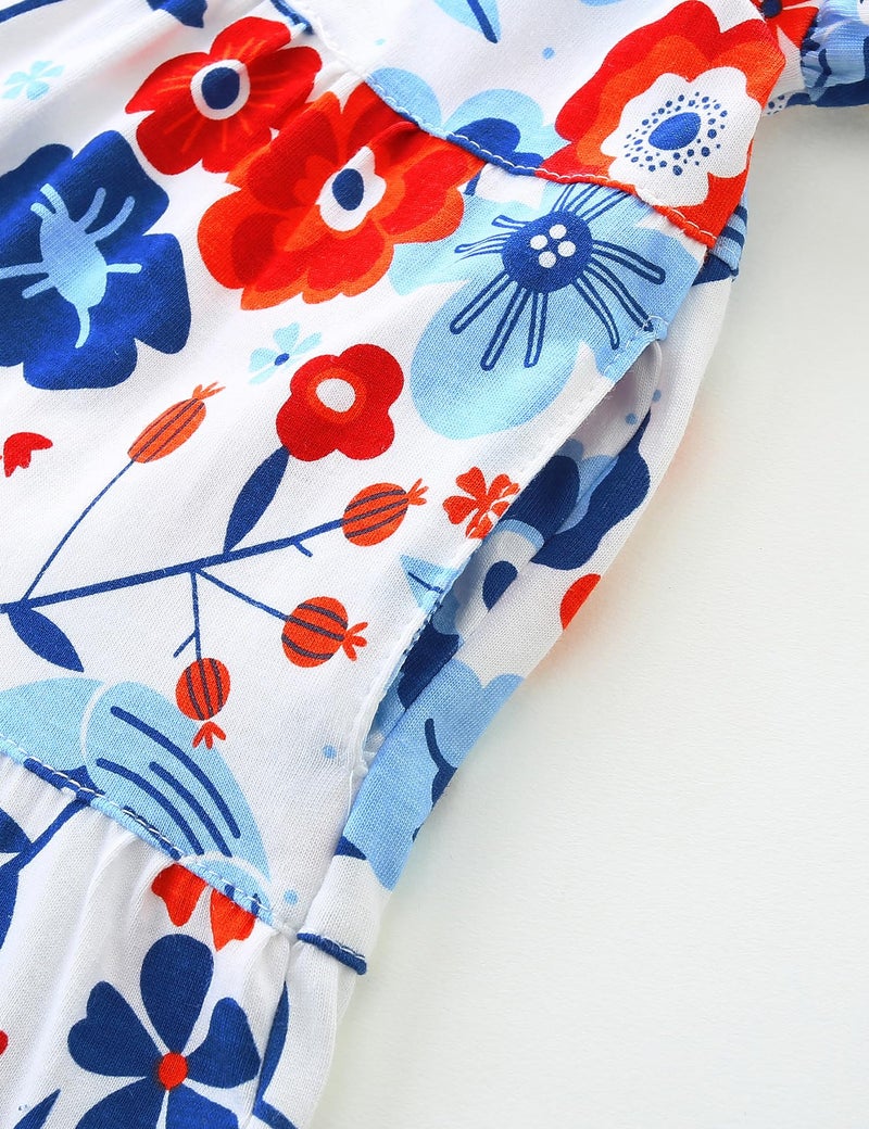 Bumeex 4th of July Girls Dresses Little Girl's Summer Dress Cotton Pocket Ruffle Short Sleeve Tiered Swing Twirly Casual Sundress Dresses for Girl Clothes Outfits Color Block Red and blue flower 6-7 Years - Image 3
