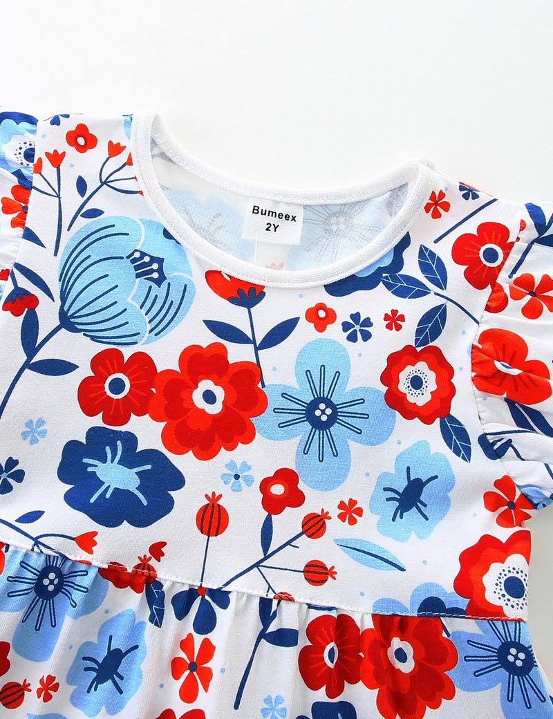 Bumeex 4th of July Girls Dresses Little Girl's Summer Dress Cotton Pocket Ruffle Short Sleeve Tiered Swing Twirly Casual Sundress Dresses for Girl Clothes Outfits Color Block Red and blue flower 6-7 Years - Image 4
