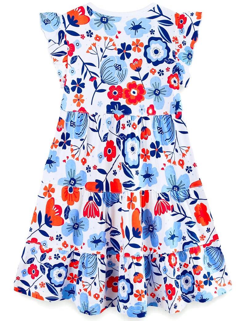 Bumeex 4th of July Girls Dresses Little Girl's Summer Dress Cotton Pocket Ruffle Short Sleeve Tiered Swing Twirly Casual Sundress Dresses for Girl Clothes Outfits Color Block Red and blue flower 6-7 Years - Image 2