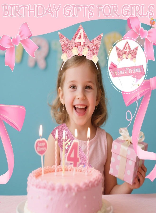 Atoden 4 Year Old Birthday Headband and Sash Happy 4th Birthday Decorations for Girl Glitter Flower Princess Crown Tiara with Pink Bow Party Costume Outfit Gifts - Image 3