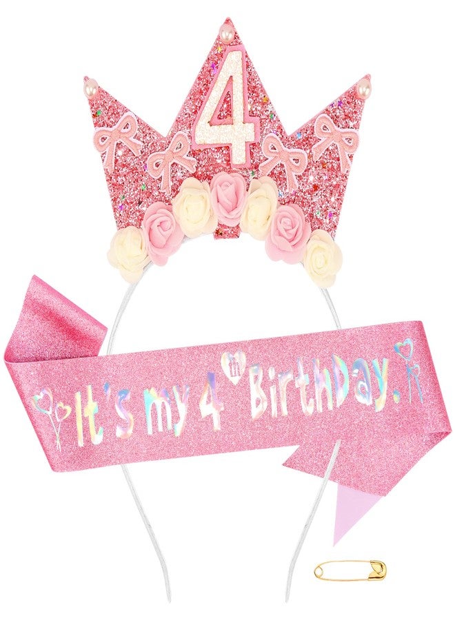 Atoden 4 Year Old Birthday Headband and Sash Happy 4th Birthday Decorations for Girl Glitter Flower Princess Crown Tiara with Pink Bow Party Costume Outfit Gifts - Image 1