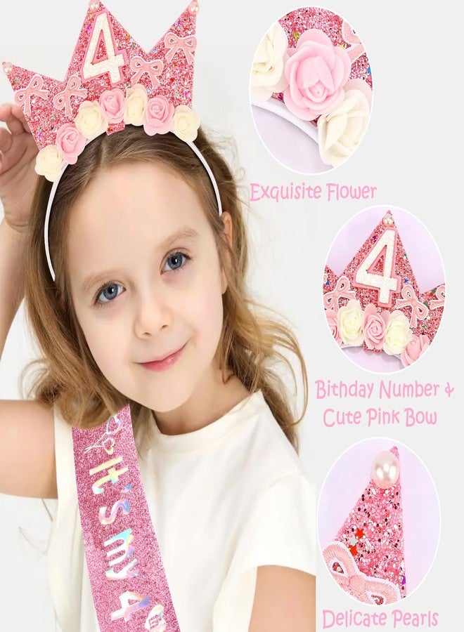Atoden 4 Year Old Birthday Headband and Sash Happy 4th Birthday Decorations for Girl Glitter Flower Princess Crown Tiara with Pink Bow Party Costume Outfit Gifts - Image 4
