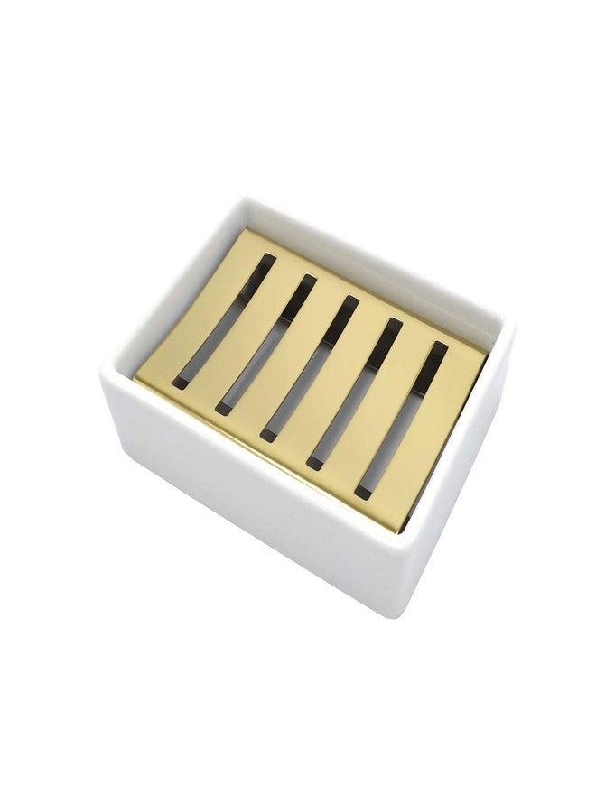 Lofekea Ceramic Soap Dish Gold Stainless Steel Soap Holder for Shower and Bathroom Double Layer Draining Soap Box - Image 1