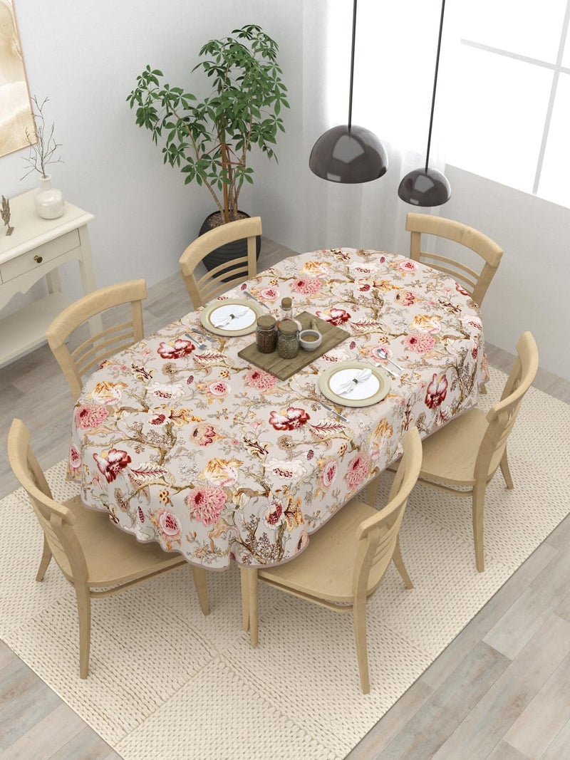Clasiko 6 Seater Oval Dining Table Cover; 60x90 Inches; Material - Cotton; Multicolor Flowers On Beige - Image 1