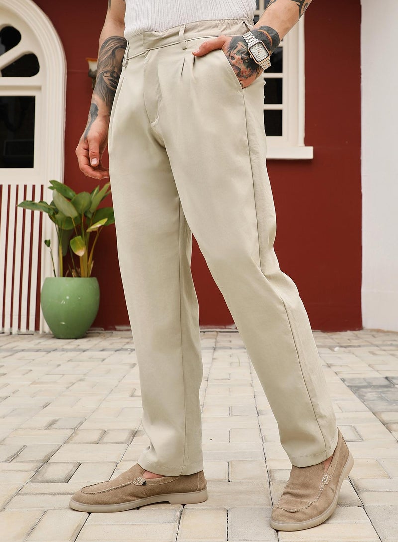 Campus Sutra Campus Sutra Men's Saltbox Beige Double-Pleated Tailored Trousers | Mid-Rise , Straight Hem , Conceal Button Closure , Relaxed-Fit | Solid Plain | Polyester Blend Trouser For Casual Wear - Image 3