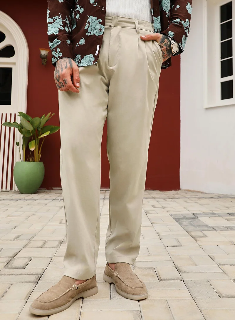 Campus Sutra Campus Sutra Men's Saltbox Beige Double-Pleated Tailored Trousers | Mid-Rise , Straight Hem , Conceal Button Closure , Relaxed-Fit | Solid Plain | Polyester Blend Trouser For Casual Wear