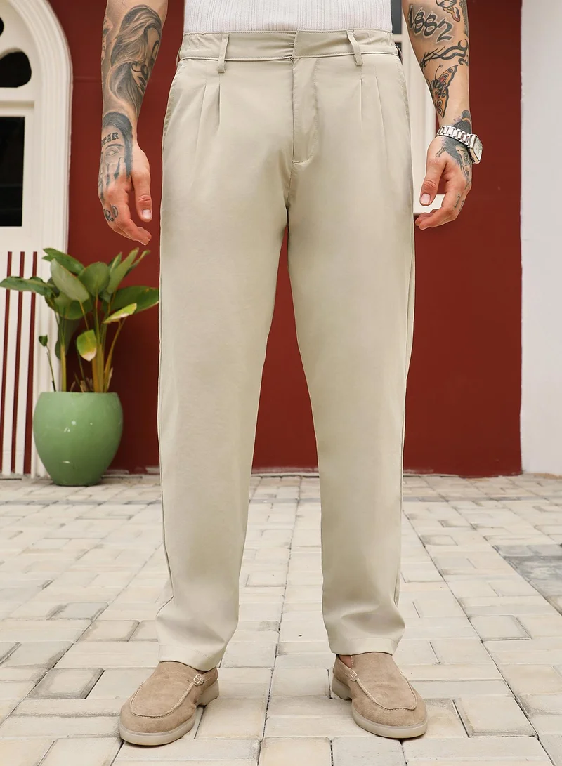 Campus Sutra Campus Sutra Men's Saltbox Beige Double-Pleated Tailored Trousers | Mid-Rise , Straight Hem , Conceal Button Closure , Relaxed-Fit | Solid Plain | Polyester Blend Trouser For Casual Wear
