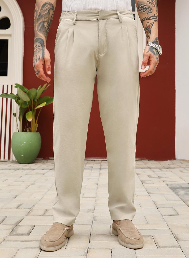 Campus Sutra Campus Sutra Men's Saltbox Beige Double-Pleated Tailored Trousers | Mid-Rise , Straight Hem , Conceal Button Closure , Relaxed-Fit | Solid Plain | Polyester Blend Trouser For Casual Wear - Image 2