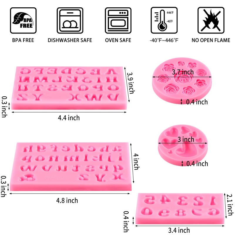 CLUEWR 5 PCS Silicone Letter Molds, Non-Stick Number Heart Rose Flower Fondant Molds for Chocolate, Candy, Cake Decoration, Cupcake Topper - Image 2