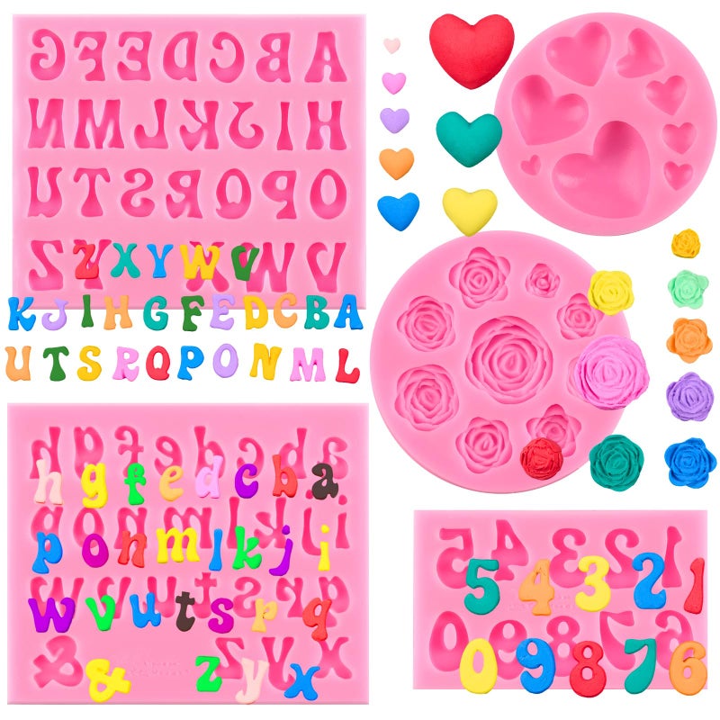 CLUEWR 5 PCS Silicone Letter Molds, Non-Stick Number Heart Rose Flower Fondant Molds for Chocolate, Candy, Cake Decoration, Cupcake Topper - Image 1