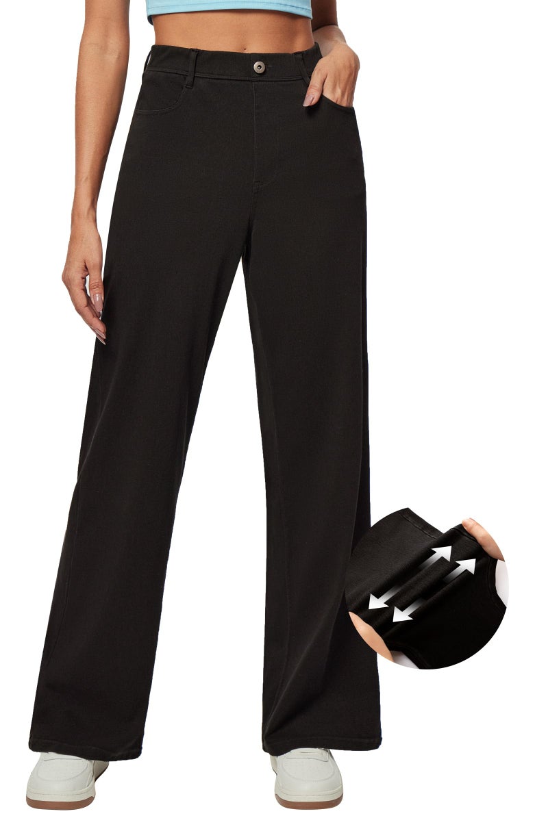 IUGA Wide Leg Jeans Woman Stretchy Sweatpant Jeans Women Pull On Baggy Jean High Waisted Trendy Straight Casual Denim Pants Black - Image 1