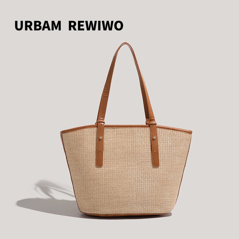 Large Capacity Straw Bag Women'S High-End Texture Shoulder Bag Niche Retro Colorblock Portable Tote Bag - Image 1
