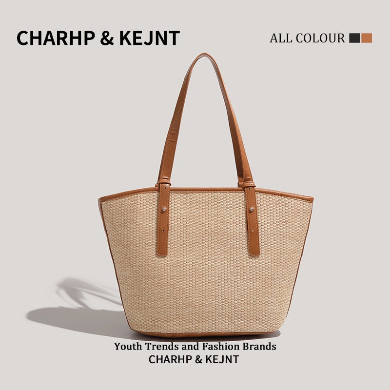 Large Capacity Straw Bag Women'S High-End Texture Shoulder Bag Niche Retro Colorblock Portable Tote Bag - Image 5