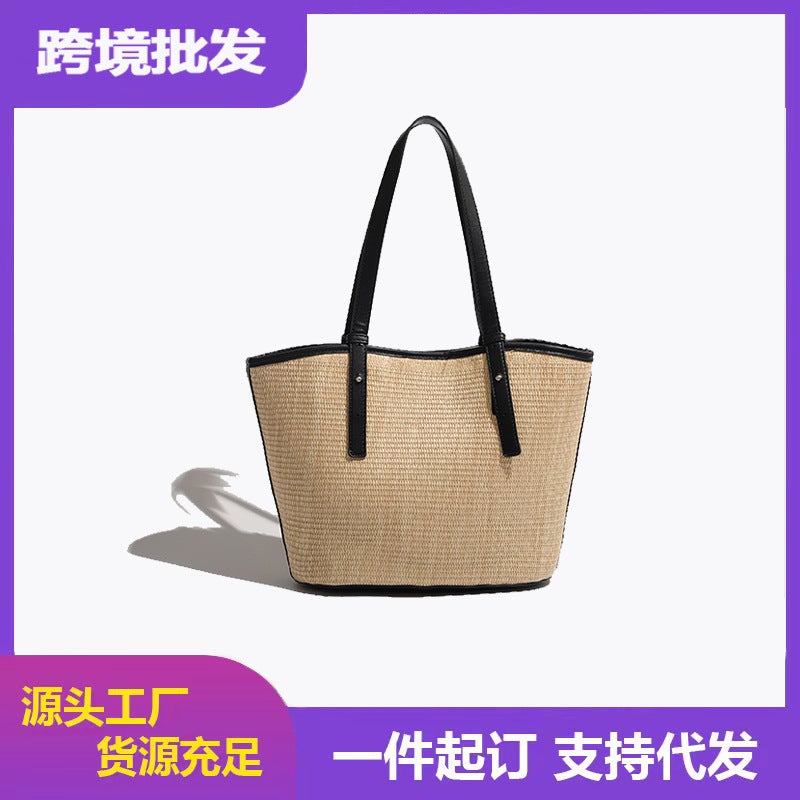 Large Capacity Straw Bag Women'S High-End Texture Shoulder Bag Niche Retro Colorblock Portable Tote Bag - Image 2