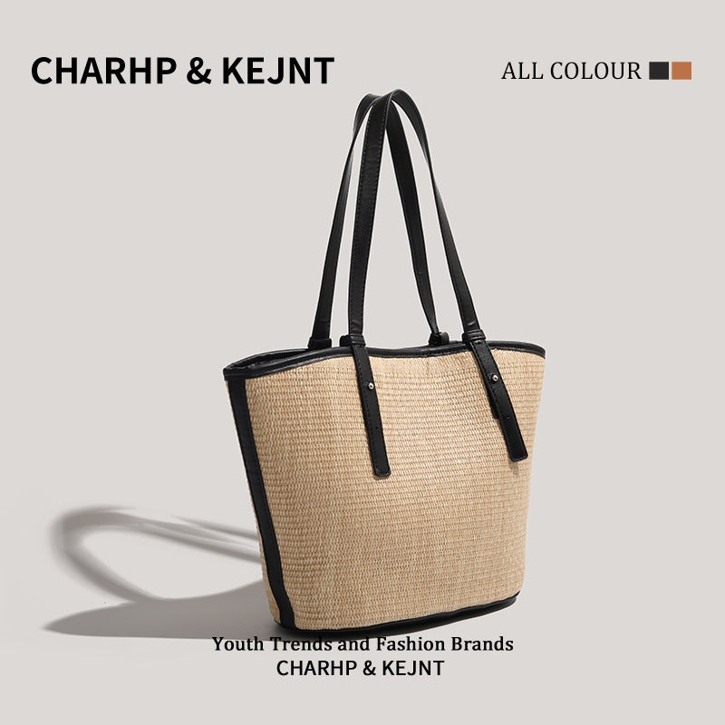 Large Capacity Straw Bag Women'S High-End Texture Shoulder Bag Niche Retro Colorblock Portable Tote Bag - Image 3