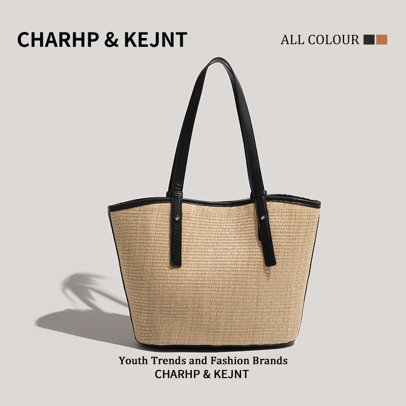 Large Capacity Straw Bag Women'S High-End Texture Shoulder Bag Niche Retro Colorblock Portable Tote Bag - Image 4