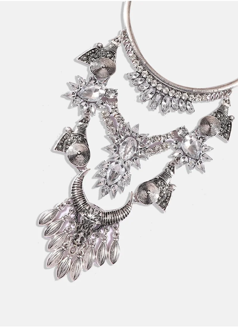 SOHI Silver-Coloured Maxi Crystal Layered Drop Necklace