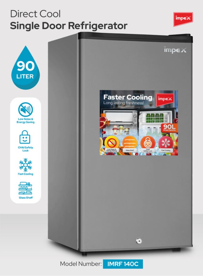 Impex 90L Gross/83L Net Single Door Refrigerator (IMRF 140C),5 Level Temprature Adjustment Knob, 8L Freezer Fast Cooling, Glass Shelf, Child Safety Lock, Fast Cooling, Low Noise, Energy Saving Fridge – 2 Year Warranty 60 W IMRF 140C Dark Grey - Image 1