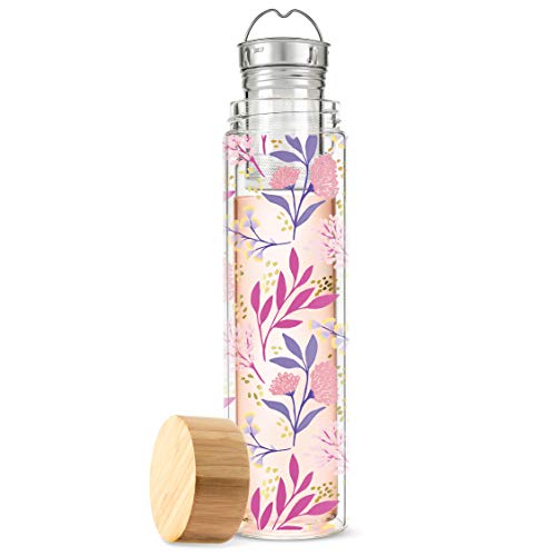 Pinky Up Blair Travel Tea Infuser Mug Double Walled Insulated Travel Tumbler with Loose Leaf Tea Strainer Travel Coffee Mug Keeps Drinks Hot or Cold 16 oz Botanical Design