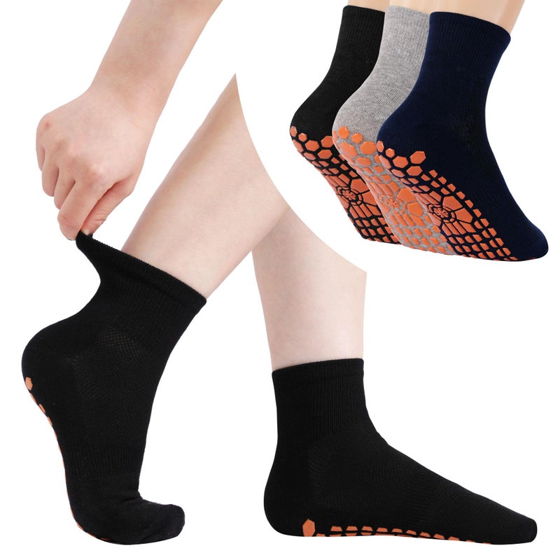GRPSKCOS Non Slip Socks for Men House Socks with Grips 3 Pairs Anti-Skid Yoga Pilates Wood Floors Hospital Slipper Sock(01 Black+gray+navy blue,11-13) - Image 1