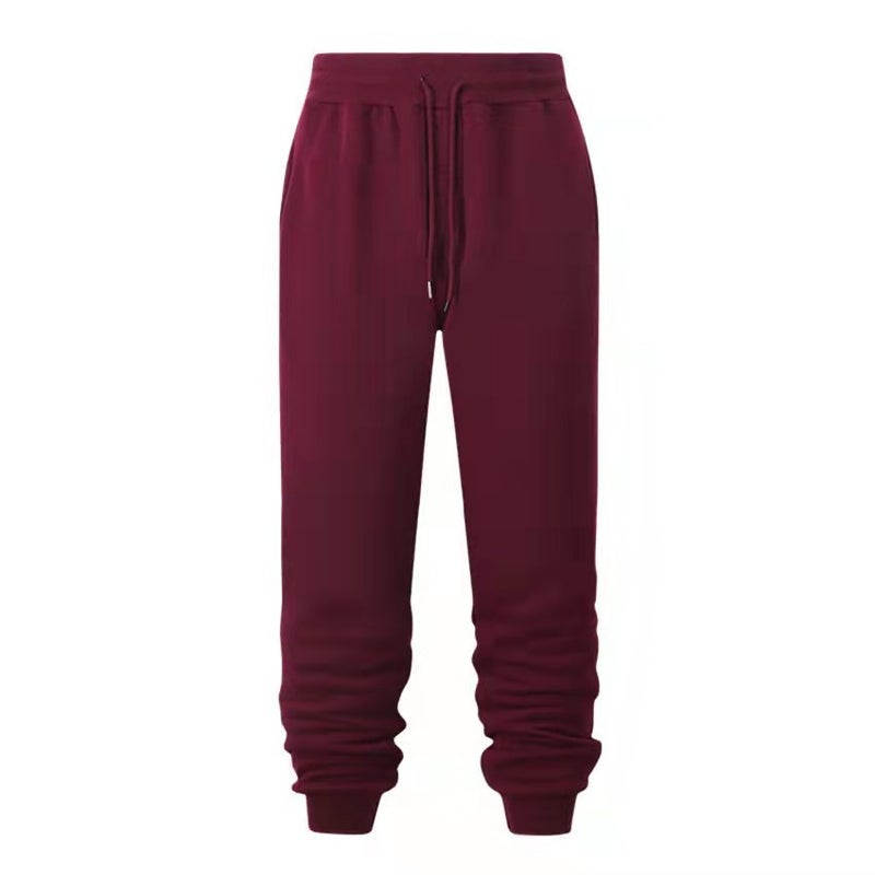 2021 Mens Casual Sweatpants Autumn Winter Solid Color Loose Fit Wine red 