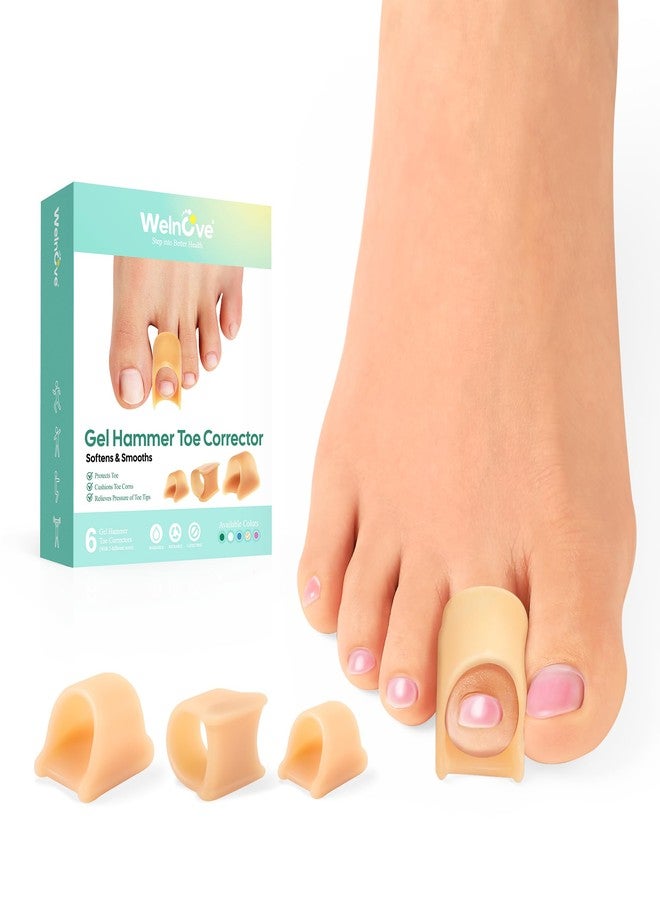 Welnove Hammertoe Corrector - 6 Pack Gel Toe Straighteners for Bent, Curled & Crooked Toes, Day & Night Comfort, Beige, Multi-Size - Image 1