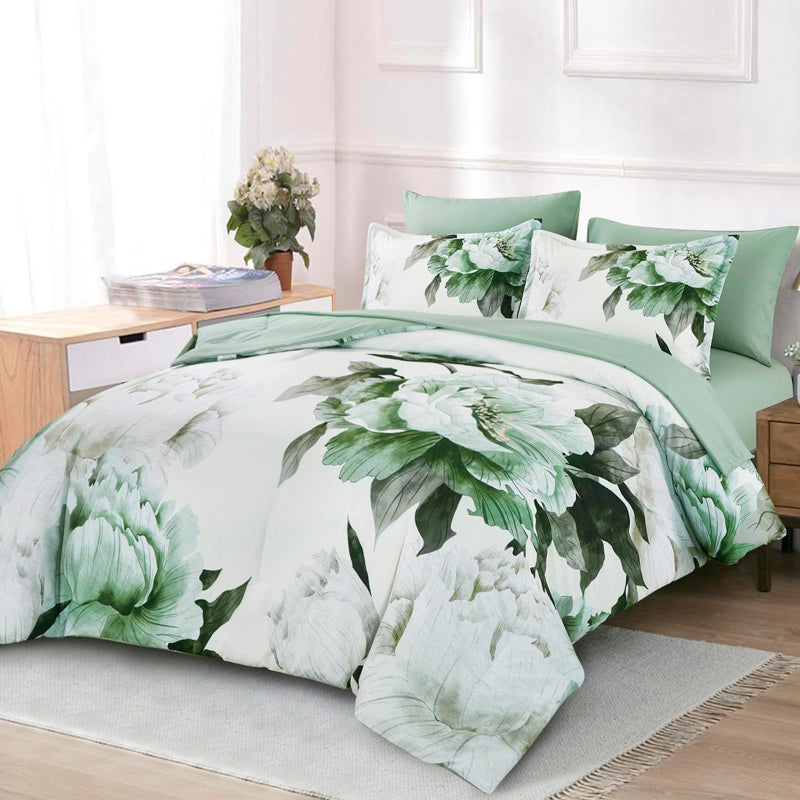 Dobuyly Green Queen Comforter Set 7 Piece Bed in a Bag Queen, Sage Green Floral Printed Comforter Set with Sheets, Soft Microfiber Botanical Flower Complete Bedding Set for All Season - Image 2