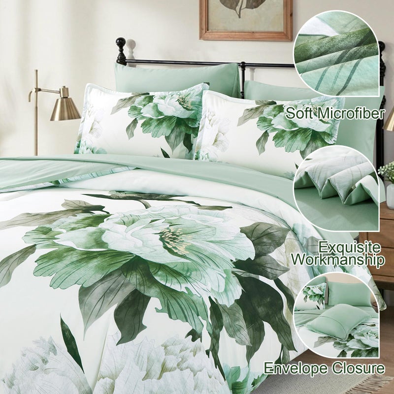 Dobuyly Green Queen Comforter Set 7 Piece Bed in a Bag Queen, Sage Green Floral Printed Comforter Set with Sheets, Soft Microfiber Botanical Flower Complete Bedding Set for All Season - Image 4