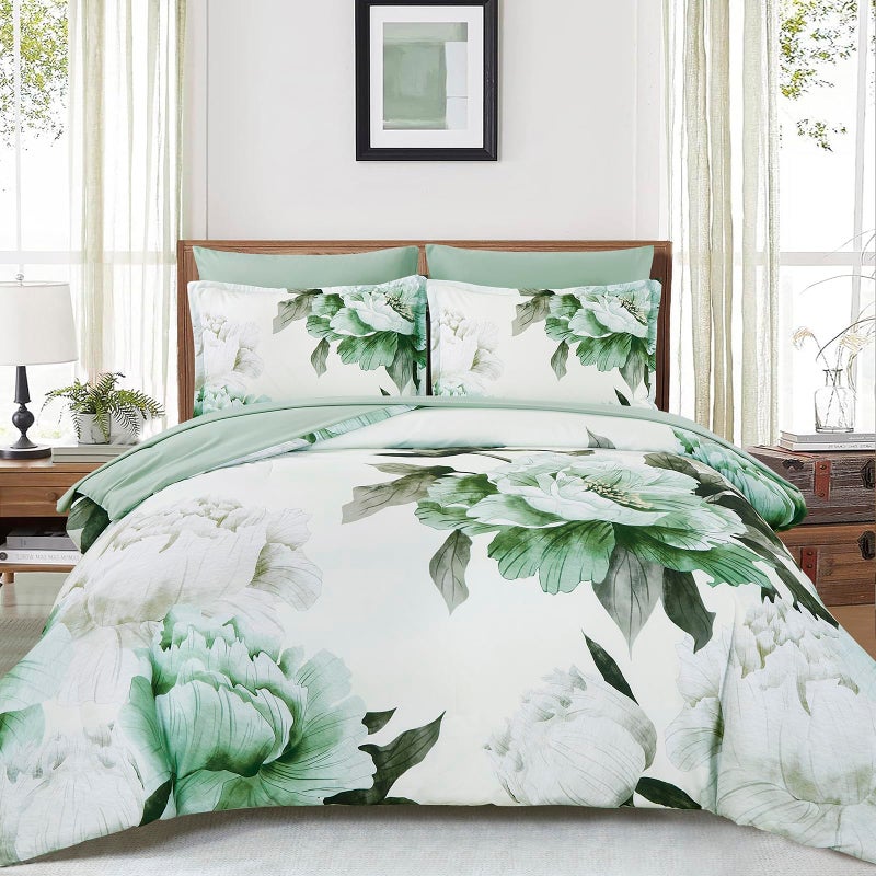 Dobuyly Green Queen Comforter Set 7 Piece Bed in a Bag Queen, Sage Green Floral Printed Comforter Set with Sheets, Soft Microfiber Botanical Flower Complete Bedding Set for All Season - Image 1