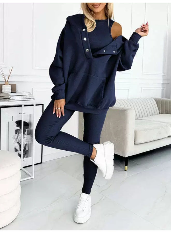 general Women's solid-color loose-fitting hooded sports casual pullover hoodie with strap and fitted pants three-piece set - Image 1