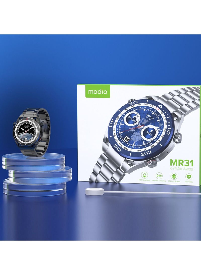 Modio MR31 1.43 Inch HD Display Smart Watch With IP67 Waterproof Wireless Charging And 4 Pair Strap For Men's and Boys Black - Image 3