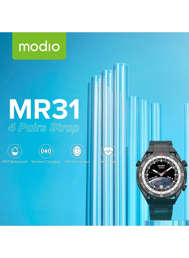 Modio MR31 1.43 Inch HD Display Smart Watch With IP67 Waterproof Wireless Charging And 4 Pair Strap For Men's and Boys Black - Image 4