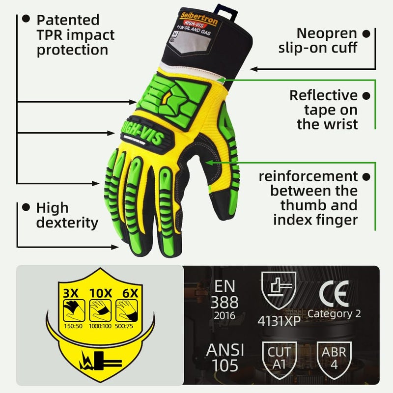 سيبرترون Seibertron High-Vis SDXG2 Super Grip Grip Oil & Gas Anti-Viabration Affration Protect Safety Gloves CE EN388 4131 L - Image 3