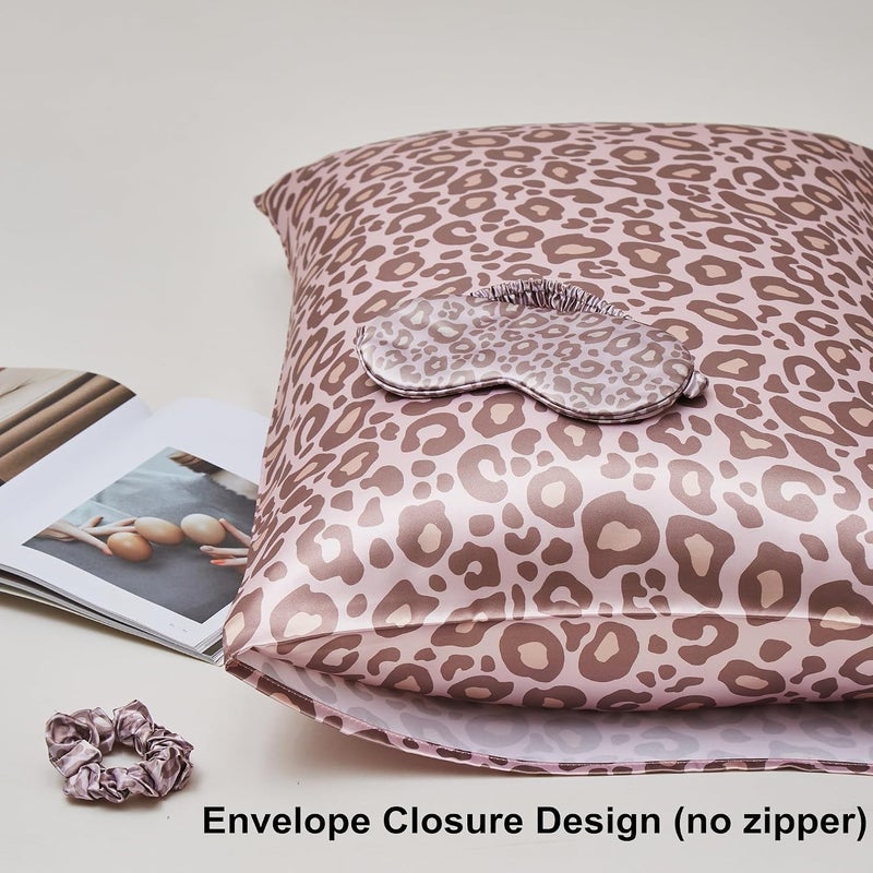 URLINENS غطاء وسادة من الساتان للشعر والبشرة، مجموعة نوم من حرير نباتي ناعم وبارد - 2 غطاء وسادة من الساتان مقاس كوين، 1 قناع عين، 1 ربطة شعر، مجموعة روتين ليلي أساسية للعناية الذاتية، نمط النمر الوردي - Image 4