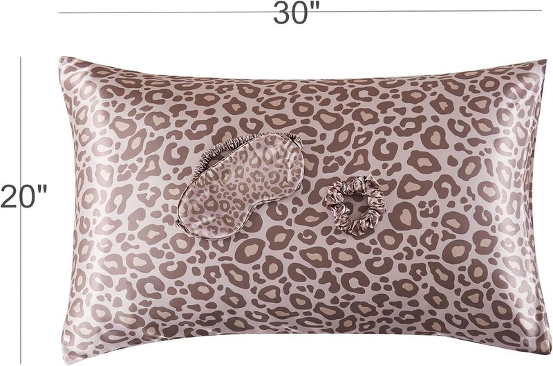 URLINENS غطاء وسادة من الساتان للشعر والبشرة، مجموعة نوم من حرير نباتي ناعم وبارد - 2 غطاء وسادة من الساتان مقاس كوين، 1 قناع عين، 1 ربطة شعر، مجموعة روتين ليلي أساسية للعناية الذاتية، نمط النمر الوردي - Image 3