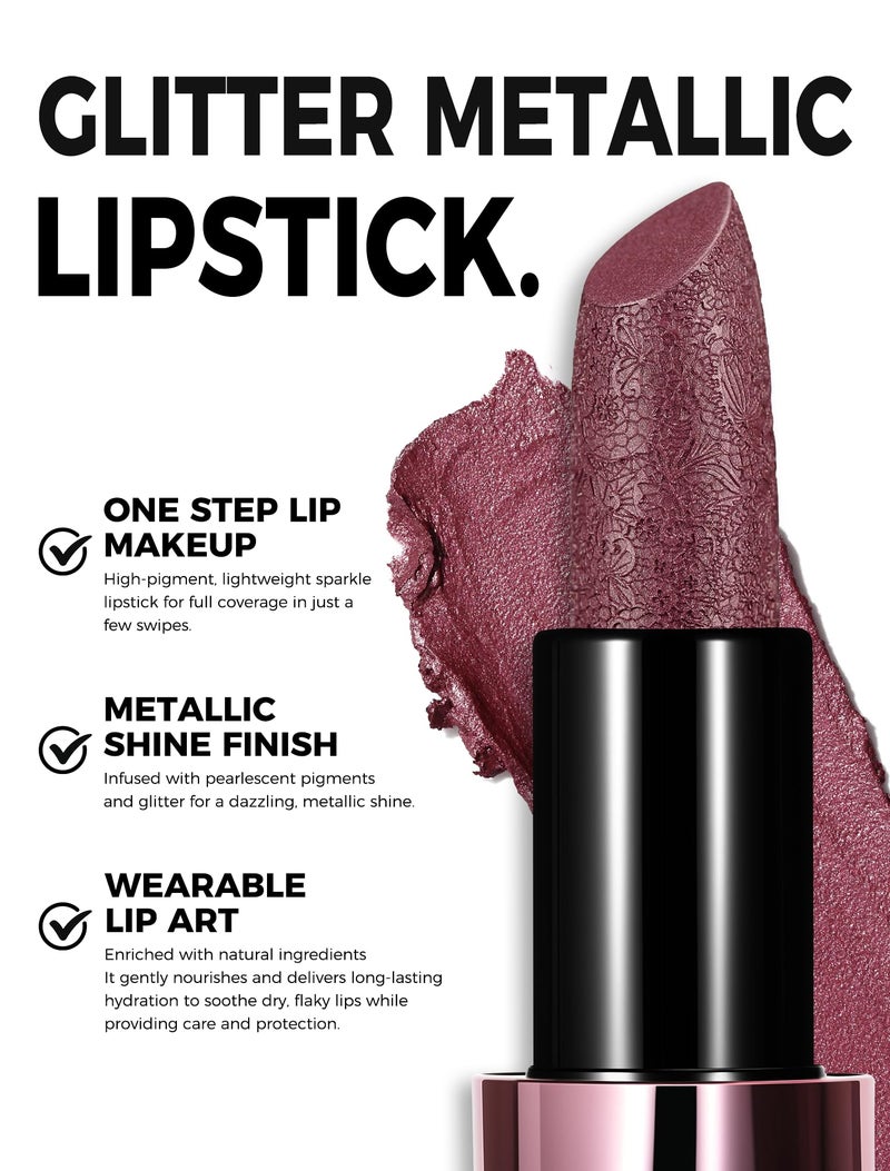 Anglicolor Metallic Plum Lipstick For Subtle 3D Shimmer Effect,Glitter Lipstick,Cream Formula for Moisturized Lips,Non-Sticky,Music Festival Party Stage Makeup (03 GILDED COCOA) - Image 4