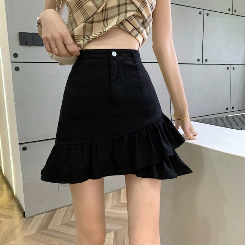 New Spice Girl Ruffled Denim Skirt 2024 Short Skirt Sweet High Waist Short Skirt Women'S Hip Skirt - Image 1
