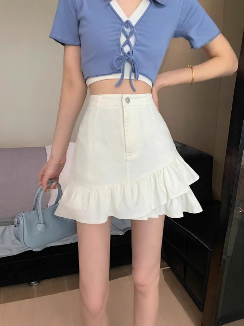 New Spice Girl Ruffled Denim Skirt 2024 Short Skirt Sweet High Waist Short Skirt Women'S Hip Skirt - Image 3