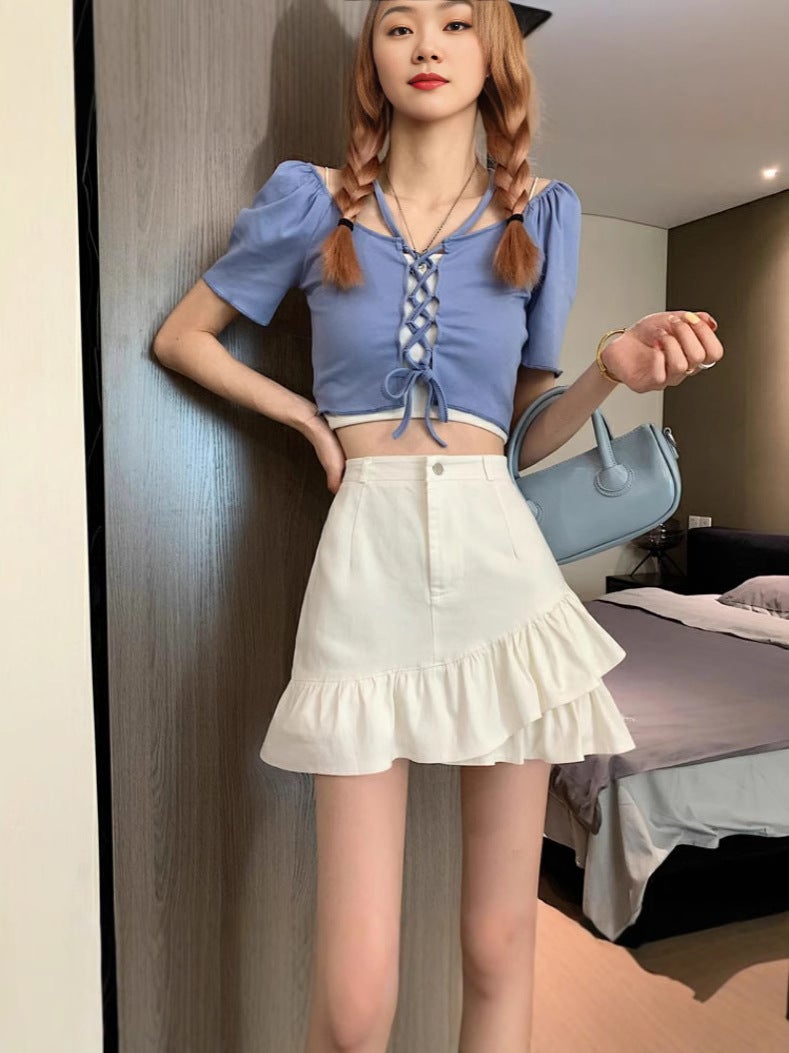 New Spice Girl Ruffled Denim Skirt 2024 Short Skirt Sweet High Waist Short Skirt Women'S Hip Skirt - Image 4