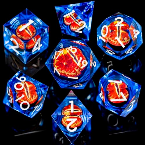 ARUOHHA DND Resin Dice Gazes Eye Dice Silver Blue Liquid Core Flaming RPG Sharp Edged Dice Set with Gift Box Polyhedral D and D Dice Set Compatible with Dungeons Dragons Role Playing Game D20 D6 - Image 5