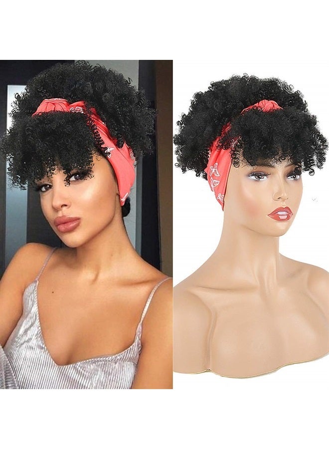 Aisaide Short Afro Kinky Curly Wigs for Black Women,Synthetic High Puff Afro Ponytail Drawstring Black Wig with Bangs Wrap Wigs 2 in 1 Afro Headwrap Wig with Headband Attached Turban Wig Scarf - Image 1
