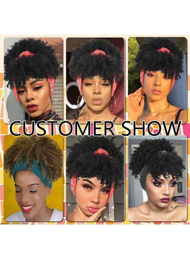 Aisaide Short Afro Kinky Curly Wigs for Black Women,Synthetic High Puff Afro Ponytail Drawstring Black Wig with Bangs Wrap Wigs 2 in 1 Afro Headwrap Wig with Headband Attached Turban Wig Scarf - Image 2