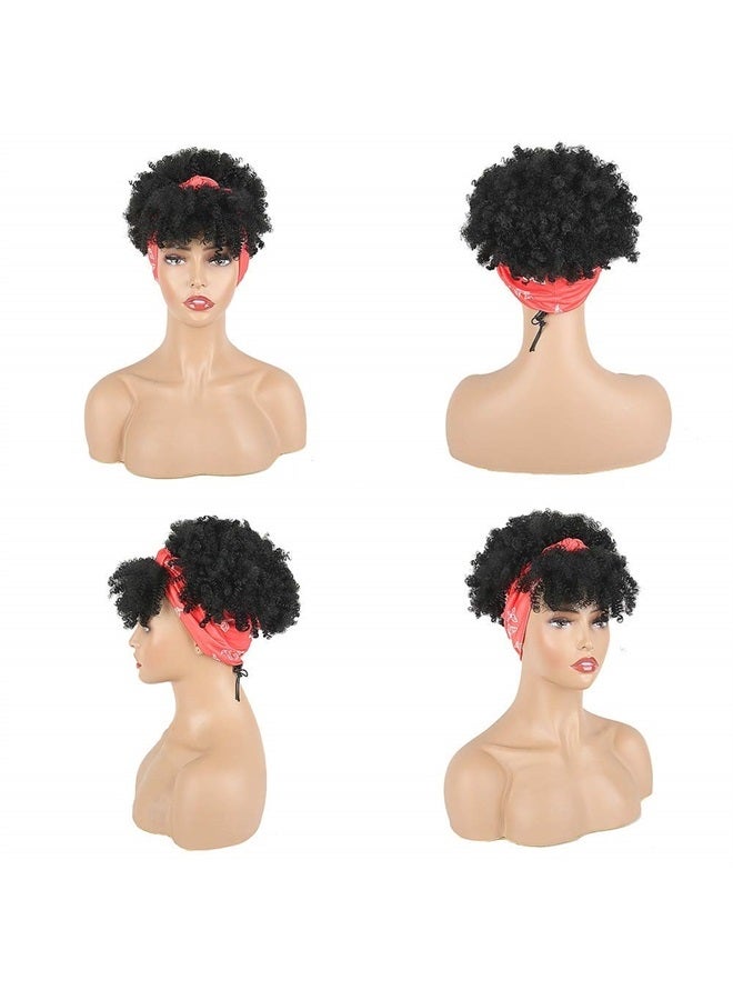 Aisaide Short Afro Kinky Curly Wigs for Black Women,Synthetic High Puff Afro Ponytail Drawstring Black Wig with Bangs Wrap Wigs 2 in 1 Afro Headwrap Wig with Headband Attached Turban Wig Scarf - Image 3