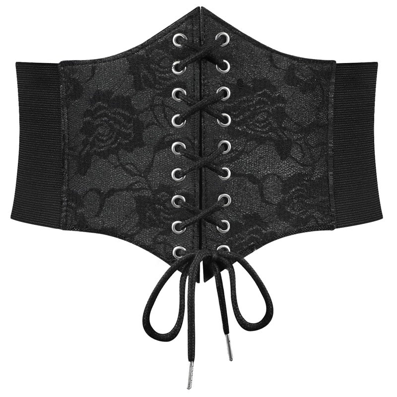 SUOSDEY Black Lace Corset Belt for Women, Vintage Lace-up Elastic Waist, Tied Waspie Wide for Halloween Costume - Image 1
