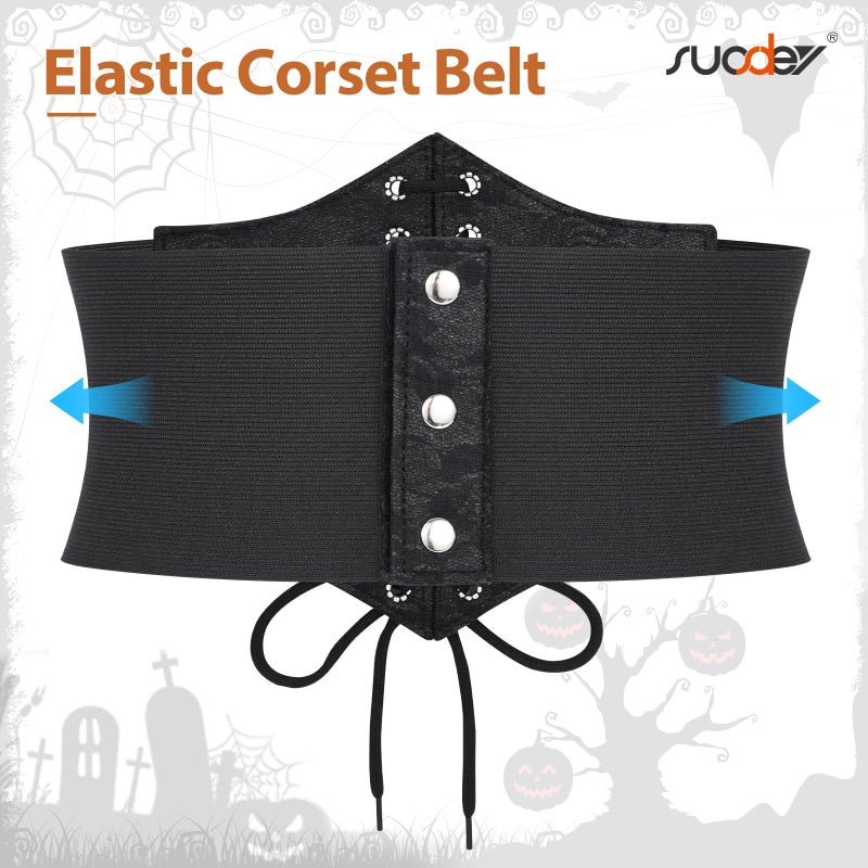 SUOSDEY Black Lace Corset Belt for Women, Vintage Lace-up Elastic Waist, Tied Waspie Wide for Halloween Costume - Image 4